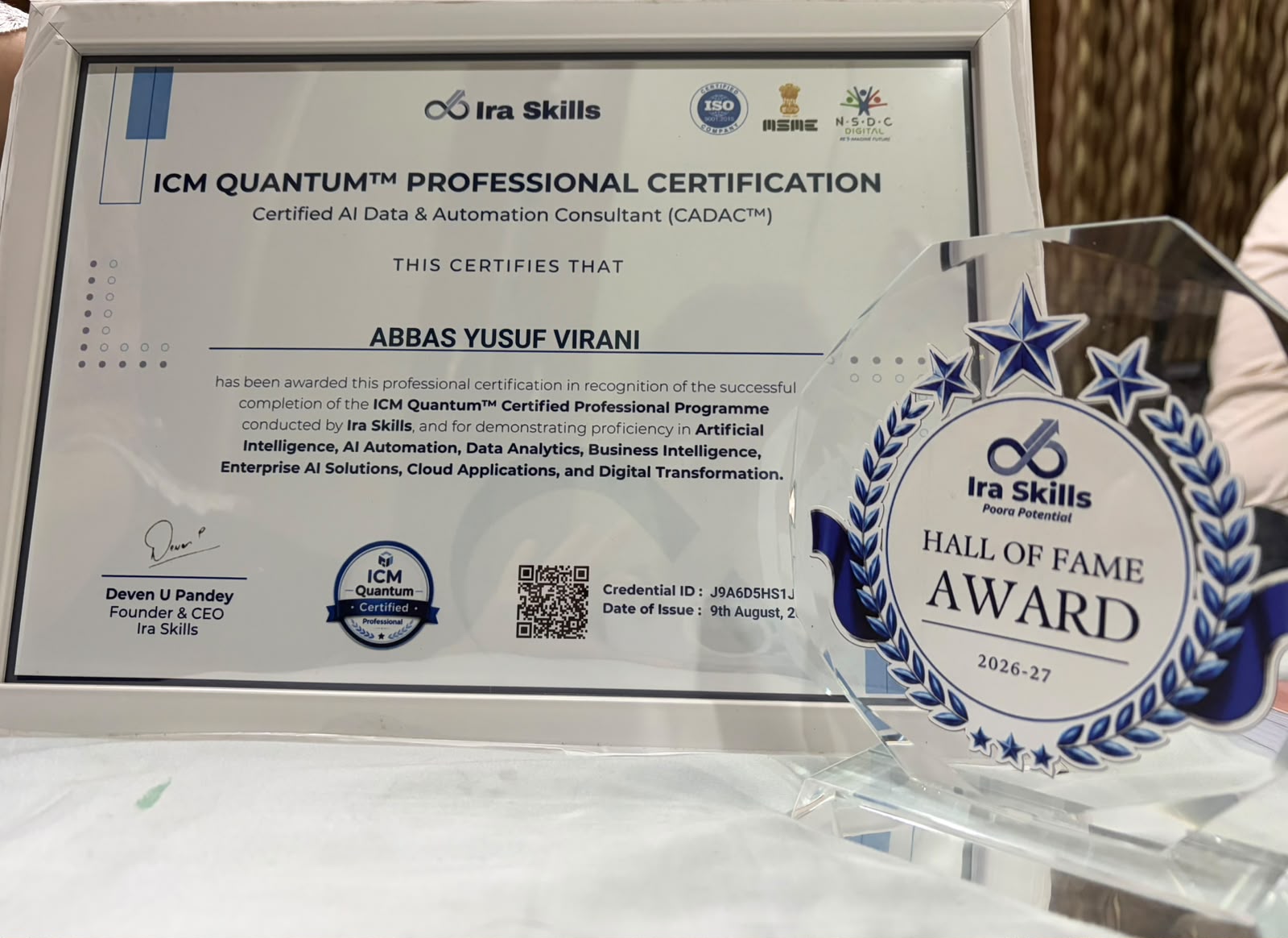 ICM Quantum Professional Certification and Ira Skills Hall of Fame Award 2026-27 awarded to Abbas Yusuf Virani